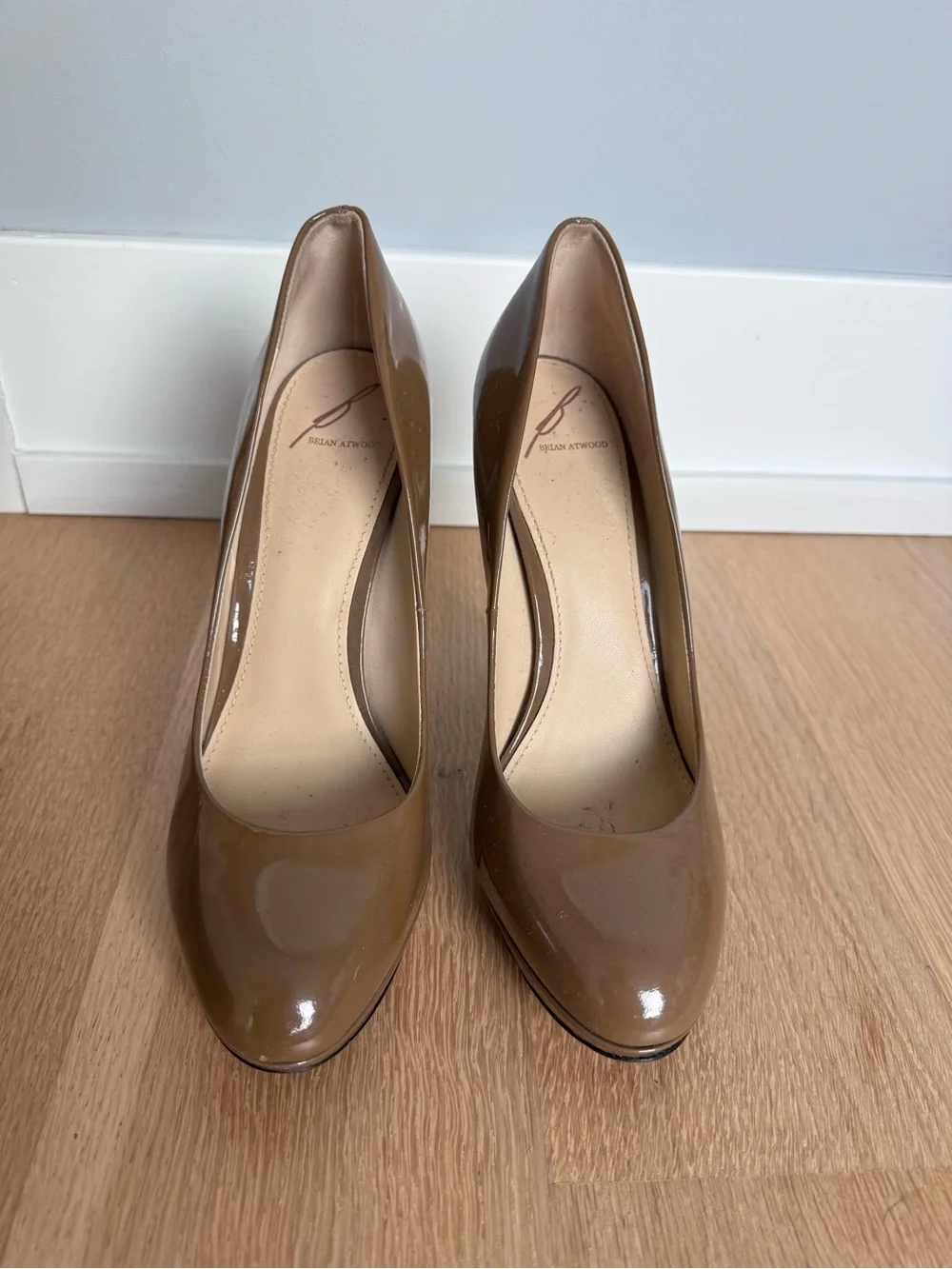 Brian Atwood Taupe Patent Leather Rounded Toe Pumps